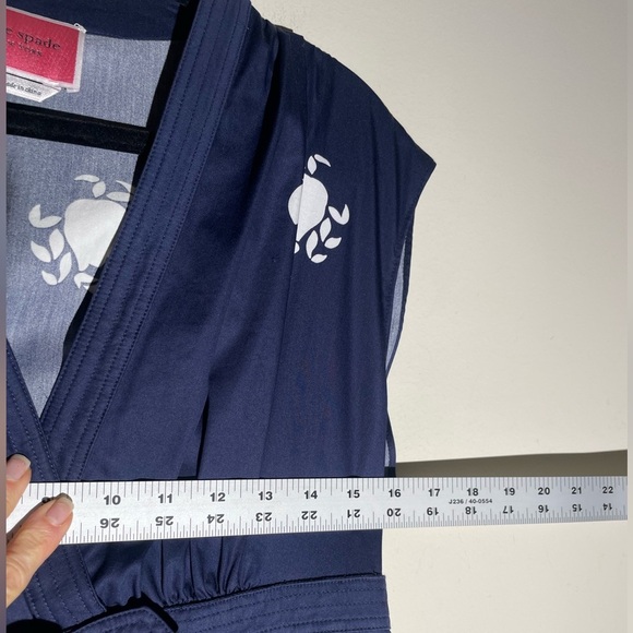 Kate Spade Poplin Bow Navy Crab Print Midi Dress Sz 4 NAVY Blue V-Neck Pockets - Picture 7 of 16